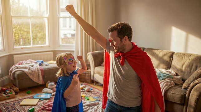 Father and young daughter dressed as superheroes with capes and mask striking heroic poses in sunny living room. Childhood creativity and pretend adventure concept in cozy home interior