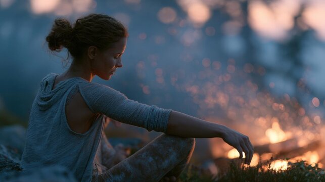 Young woman sitting on a rock with her back to the camera, facing away from the camera. she is wearing a gray long-sleeved shirt and has her hair tied up in a messy bun.