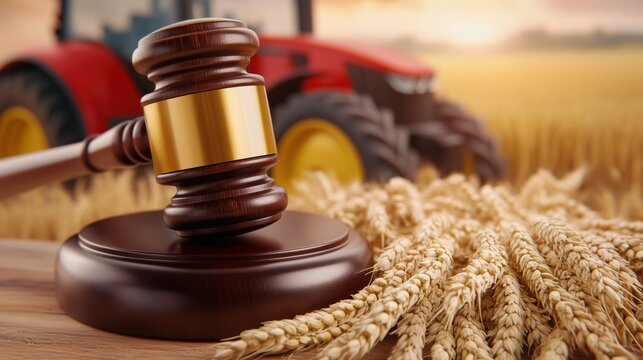 Judge gavel with wheat field and tractor in background, representing agricultural law, farming regulations, rural justice, land disputes and agribusiness legal concept