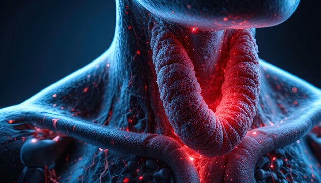 Human anatomy shows the throat area with glowing red inflammation and blue neural structures.