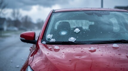Red car damaged by hailstorm with cracked windshield and hailstones, illustrating severe weather damage, auto insurance claims and natural disaster impact