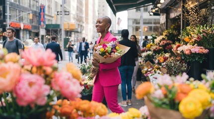 Fototapeta premium African american woman in pink suit holding colorful flower bouquet at urban street market. Joyful floral shopping in bustling city. Springtime purchase and vibrant lifestyle concept