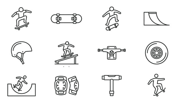 Line art sports icon vector collection skateboarding extreme sports and equipment graphics
