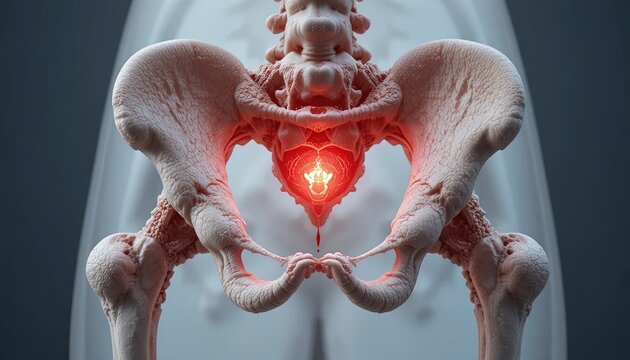 Human pelvic bone structure is highlighted with glowing light to indicate pain or medical issues.