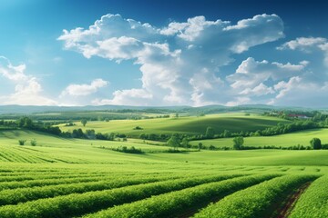 Obraz premium Green agriculture fields extending across rolling hills under a sunny blue sky with fluffy clouds