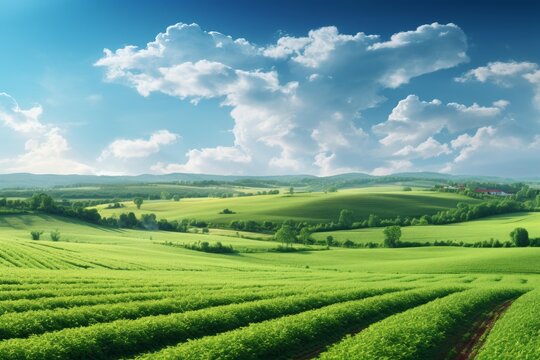 Green agriculture fields extending across rolling hills under a sunny blue sky with fluffy clouds