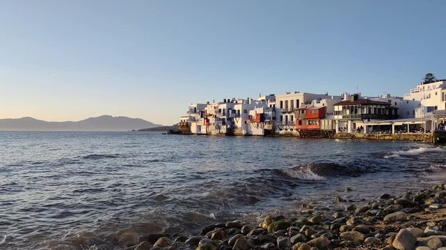 Breathtaking dusk view of Little Venice&mdash;locally known as Alefkandra&mdash;one of the most romantic and spirited corners of the Cyclades. Nestled on the western edge of Mykonos island.