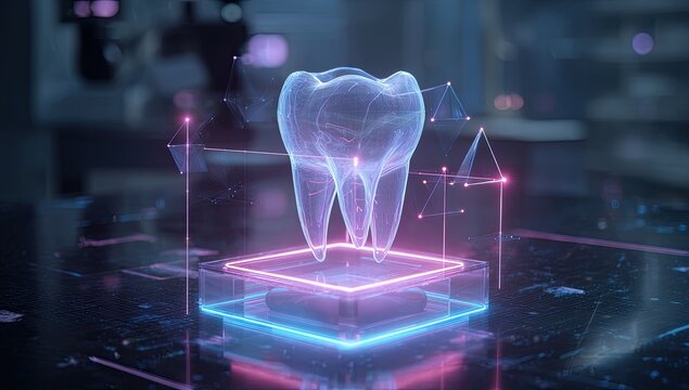 Futuristic holographic tooth projection glowing on a digital interface, science