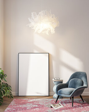 Modern Living Room Poster Frame Mockup with Natural Light and Minimalist Decoration. 3D render.