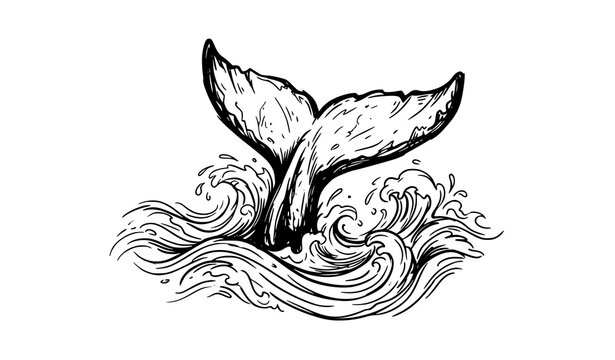 Hand drawn whale tail fluke diving into ocean waves nautical wildlife vector illustration