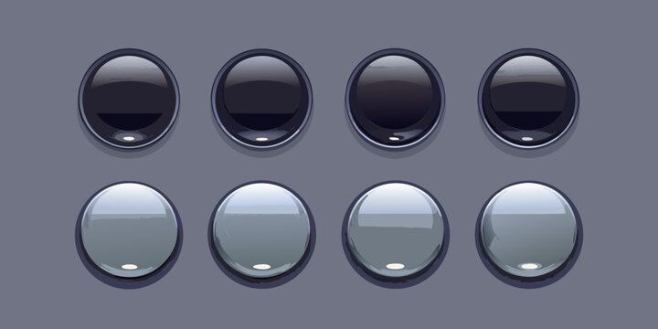 Glossy black and silver round interface buttons set, vector