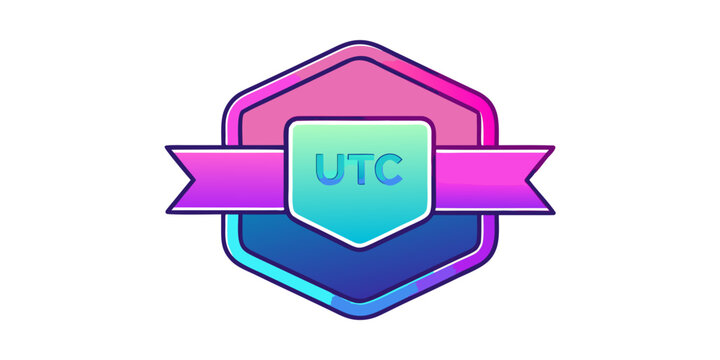 Hexagonal UTC emblem with ribbon and shield, vector