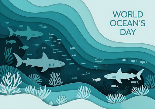 Paper cut style illustration of sharks and coral reef for world oceans day