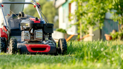 Obraz premium Red and black lawnmower cuts fresh green grass