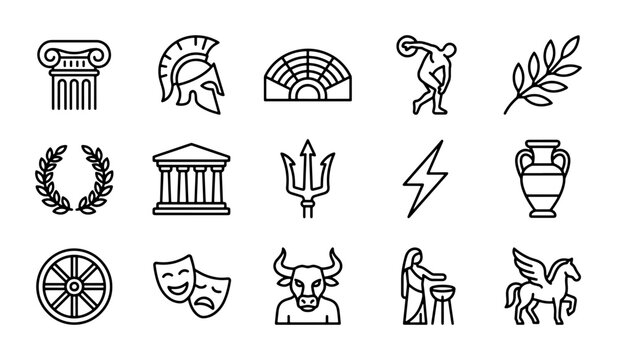 Ancient Greek Icons Set: Mythology, History, Culture Symbols, Vector Graphics