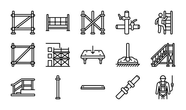 Scaffolding Construction Elements Vector Icons, Building Safety Equipment Set