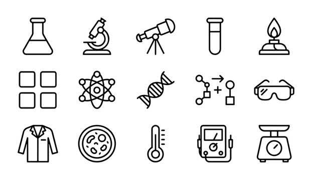 Science Icons Set: Laboratory Equipment, Biology, Chemistry, Physics, Research Tools, Medical Icons
