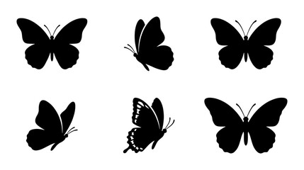 Six Black Butterfly Silhouettes, Vector Icons, Insect Winged Creature Graphics, Nature Elements © Mahin