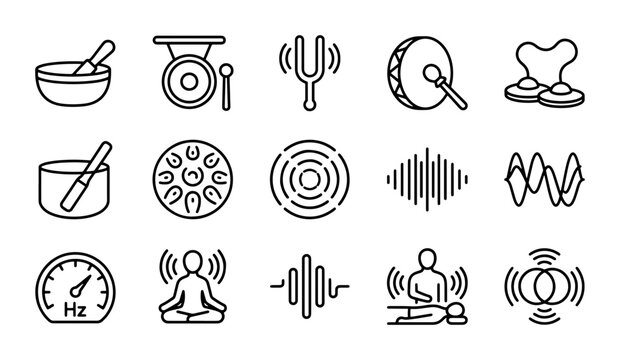 Sound Therapy Icons: Healing Bowls, Tuning Forks, Gongs, Meditation, Waves, Hz Meter