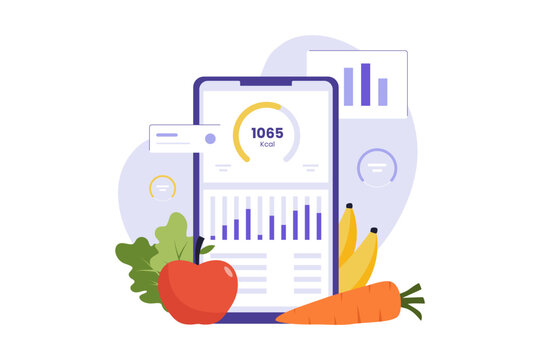 Illustration of Digital Calorie Tracking App and Food Data. A smartphone displaying a calorie counter and nutritional progress graphs surrounded by fresh fruits and vegetables for weight management