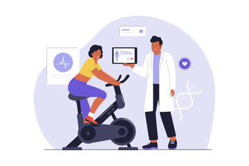 Fototapeta premium Illustration of Metabolic Testing and Fitness Performance Check. A woman on a stationary bike undergoing metabolic testing with a doctor monitoring health data on a digital tablet