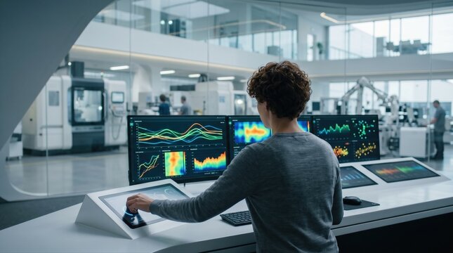 Operator focused on multiscreen AI dashboards in a hightech control room adjusting parameters to enhance manufacturing efficiency and yield in a bright modern setting.