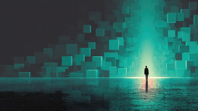 Lone figure bathed in light, surrounded by floating digital cubes