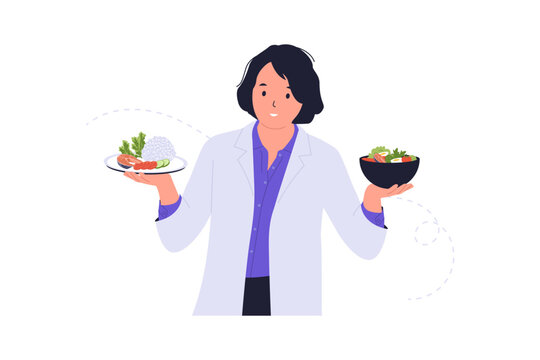 Illustration of Dietitian Balancing Healthy Meal and Salad. A professional dietitian holding a plate of balanced food and a bowl of fresh salad, symbolizing portion control and nutritional guidance