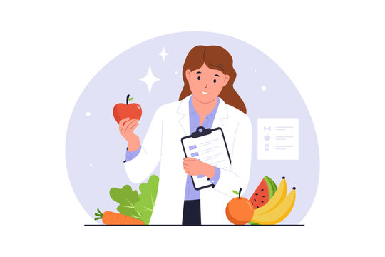 Professional Nutritionist Consulting Healthy Food. A female nutritionist in a lab coat holding an apple and a medical clipboard, providing professional advice on healthy eating and diet