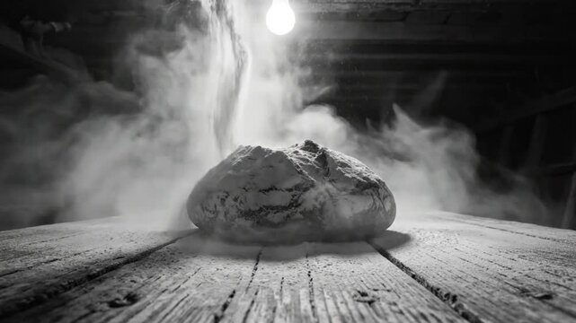 Dramatic black and white close up of flour falling on a loaf of rustic bread on wooden table
