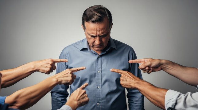 A man looks down ashamed as multiple hands point accusingly at him against a plain background.