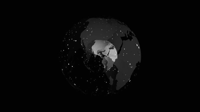Digital globe animation with star particles. Digital globe abstract 3d world map. Digital globe global technology and communication graphic on black background.