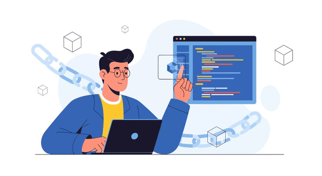 Programmer working with blockchain technology and coding on laptop