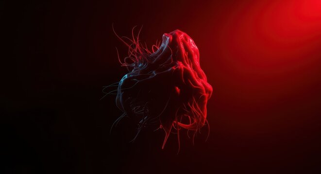 A dark, blurry abstract shape of a spectral entity floating in deep shadow, dramatically illuminated by ominous scarlet light, terrifying, dramatic, creepy
