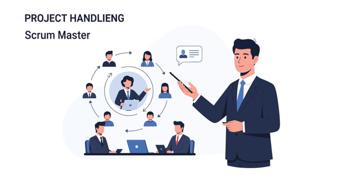 Scrum Master Explains Project Management Cycle with Teamwork Illustration