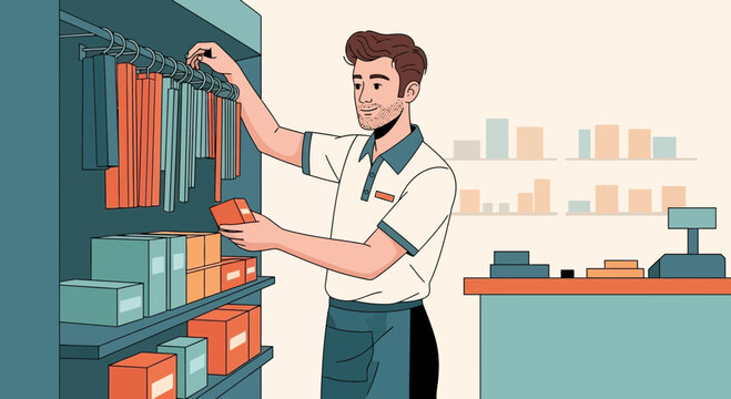 Store Clerk Arranging Merchandise on Shelves in Retail Store