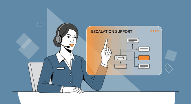 Support agent pointing at escalation process flowchart on screen
