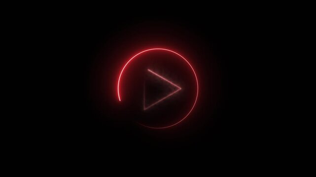 Play button animation with red neon. Play button digital video media symbol. Play button technology interface graphic on black background for player.