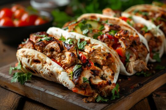 Chicken shawarma pitas are garnished with fresh herbs and spices on a wooden cutting board