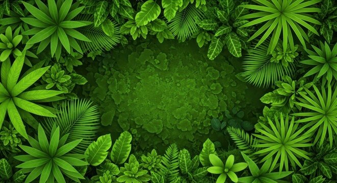 An extremely dense tapestry of vibrant, thriving green foliage fills the frame, suggesting abundant, unrestrained tropical growth and fertility, green, foliage, plant