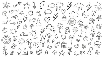 Obraz premium Hand Drawn Doodle Icon Set of Weather, Nature and Abstract Elements, isolated white background.