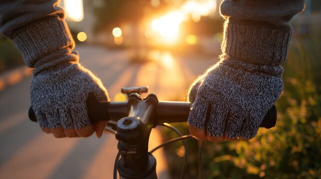 Hands in gloves grip handlebars of a bicycle at sunset