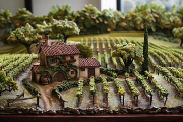 Obraz premium Intricate miniature tuscan farmhouse model nestled amidst rows of vineyards, showcasing the beauty of italian wine country