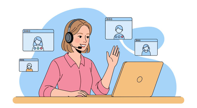 Woman on video call with headset and laptop, waving hello, remote communication