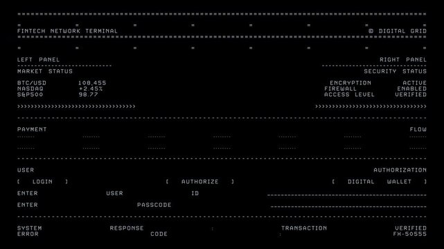 Fintech Network Terminal Interface Futuristic ASCII Computer Screen for Cryptocurrency and Stock Market Trading. Ideal for cybersecurity, retro-computing, and futuristic financial systems.