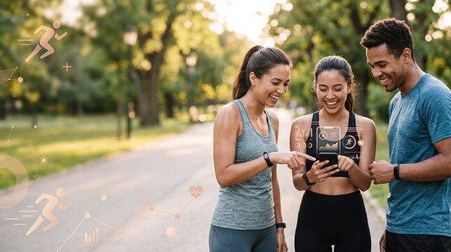 Happy diverse friends checking fitness tracker app data on smartphone in park digital health monitoring workout stats