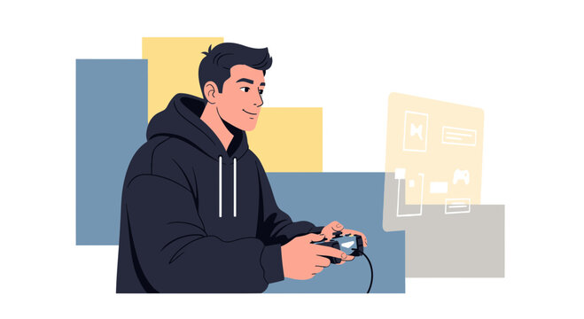 Young Man Playing Video Games with Controller in Modern Style Illustration