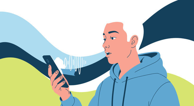 Young man using voice command on smartphone with sound waves illustration