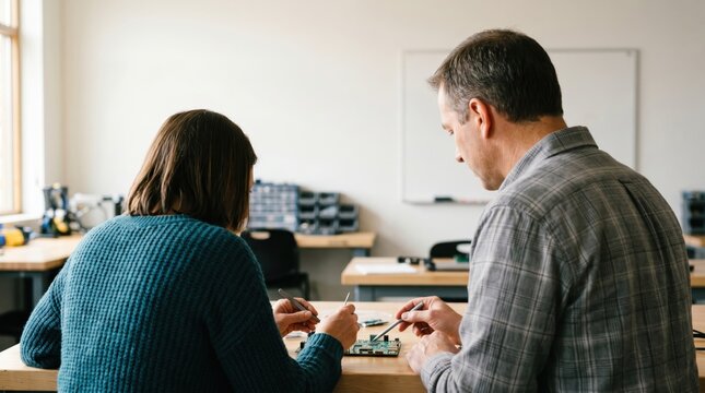 Male and female engineers working on circuit board in lab team assembly electronics hobbyist project soldering components together education science workshop technology background