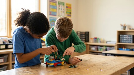 Fototapeta premium Two elementary school students diverse boy and girl learning science and engineering building a robot toy car with Lego STEM education in classroom teamwork and technology focus